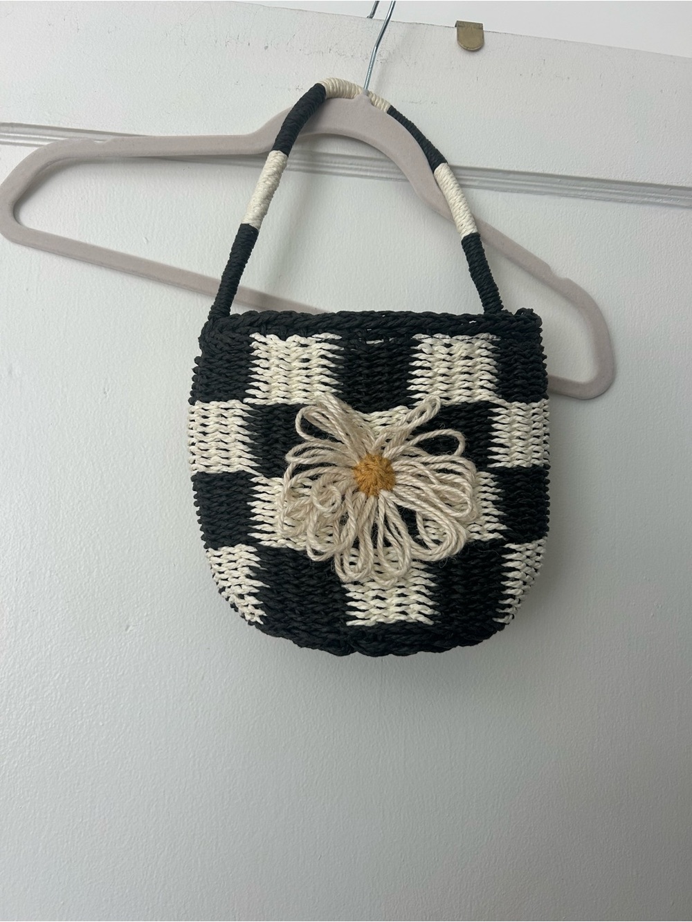 Woven Black & Cream Knit Daisy Accent Shoulder Bag